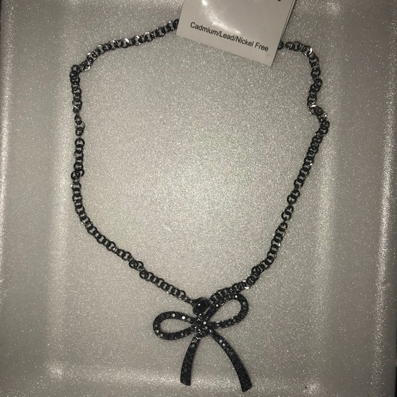 Classy Black Crystal Ribbon Bow Necklace - Picture 3 of 4